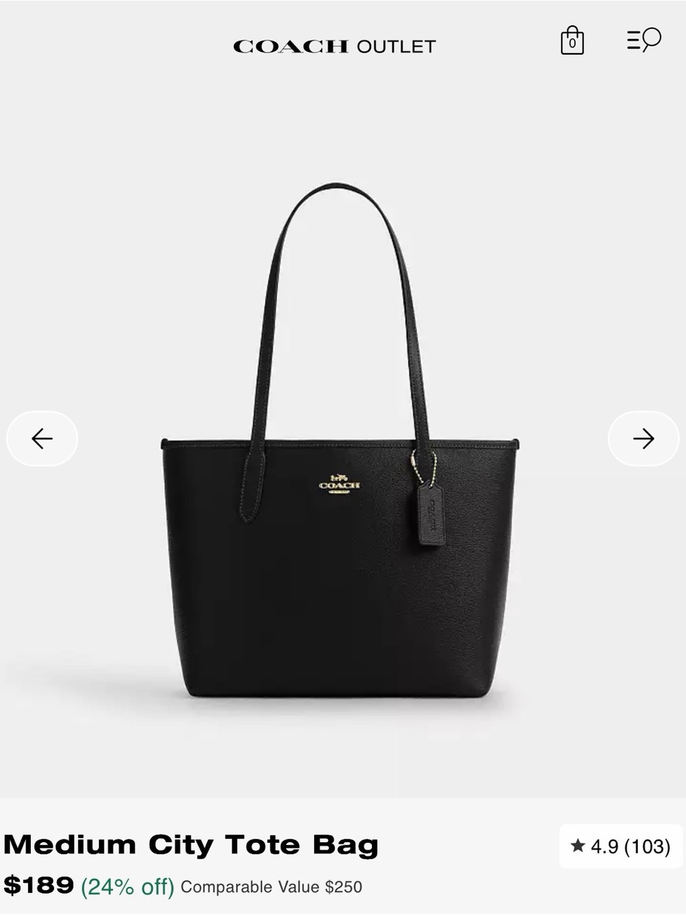 Coach Black Medium City Tote with Gold Hardware